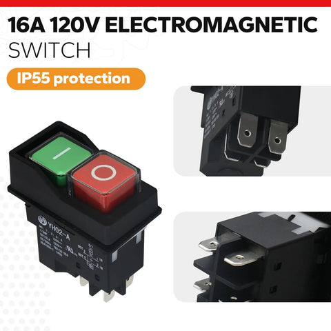 Front view of 120V electromagnetic push-button switch with green I and red O buttons on black housing