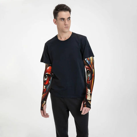 Snag These Fly Ice Silk Arm Sleeves With Cute Cat Graphics And Grippy Thumb Holes Offering Ultra Cool UV Shielding For Hot Days Of Running Cycling Or Driving on a model wearing a black shirt.