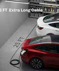 Sick Level One Portable Charger For Tesla Models, 120V 15A EVSE with 25 FT cable connected to red and white Tesla cars.