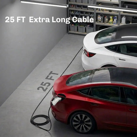Sick Level One Portable Charger For Tesla Models, 120V 15A EVSE with 25 FT cable connected to red and white Tesla cars.