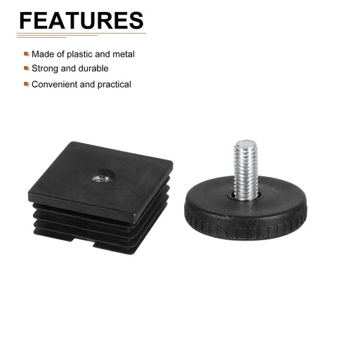 4 Pack Adjustable Leveling Feet 50 By 50 mm Square Insert Glide Kit For Furniture Black Heavy Duty Support components shown