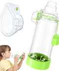 Inhaler Spacer For Adults And Kids NESSI OTC Spacer Green with visual airflow indicator used by child, compact design