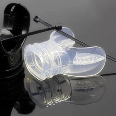 Two Pack Transparent Silicone Long Replacement Mouthpieces For Snorkel And Dive Gear Super Comfy Fit Universal Mouthpiece For Snorkeling Diving And Water Sports on reflective surface with black clasp