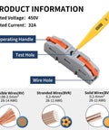 Product information image showing 50 Pack Lever Wire Nuts Tool Free Quick Connect Wire Connectors rated 450 volts with various wire hole options.
