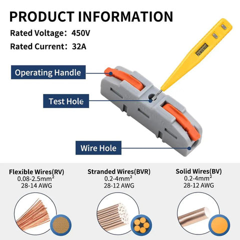 Product information image showing 50 Pack Lever Wire Nuts Tool Free Quick Connect Wire Connectors rated 450 volts with various wire hole options.