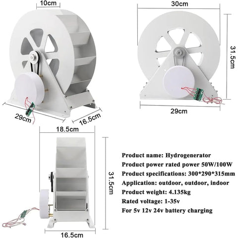 Compact Micro Hydroelectric Power Generator For Outdoor Lighting And Off Grid Power Low Speed Disc Type Water Turbine System With Waterwheel Design For Streams And Rivers Easy Field Install And Reliable Renewable Energy, 300x290x315mm size, side and front view visible.