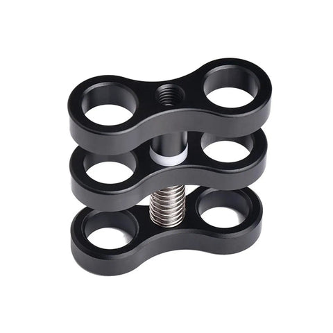 Aluminum Ball Joint Clamp For Underwater Light Arms And Camera Mounts, 360 Degree Clip Bracket Holder with visible screws and holes.