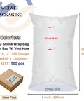 8X12 Inch Odorless Heat Shrink Wrap Bags 500 Count With Vents Hella Thick 100 Gauge PVC Film Micro Perforated Design showing vent holes.
