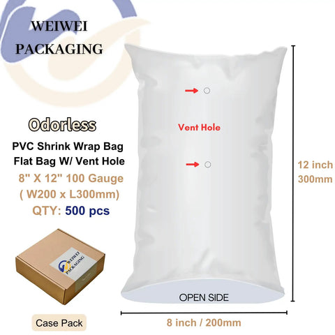 8X12 Inch Odorless Heat Shrink Wrap Bags 500 Count With Vents Hella Thick 100 Gauge PVC Film Micro Perforated Design showing vent holes.