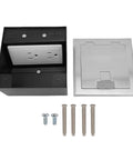 Heavy Duty Pop Up Floor Power Outlet Featuring Double Three Prong Sockets And Brushed Silver Stainless Steel Housing parts with screws.