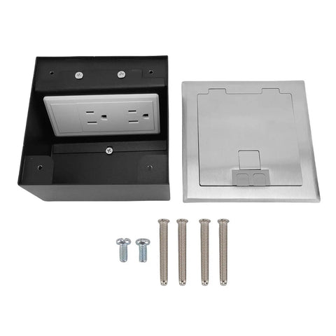 Heavy Duty Pop Up Floor Power Outlet Featuring Double Three Prong Sockets And Brushed Silver Stainless Steel Housing parts with screws.