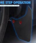 Custom Fit Splash Shields For Tesla Model Y 2020 To 2024 showing heavy duty rubber mud flap installed without drilling.
