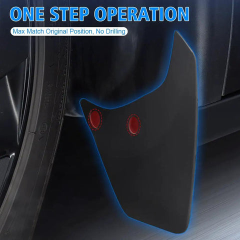 Custom Fit Splash Shields For Tesla Model Y 2020 To 2024 showing heavy duty rubber mud flap installed without drilling.
