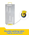 Hella Badass Portable Welding Table With Adjustable Height And Three Angle Positions Folding Workbench On Wheels 500 Pound Capacity showing slotted surface and wheel.