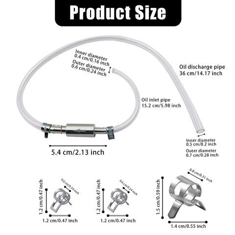 Universal Brake Bleeder Hose Kit For Cars And Motorcycles With One Way Check Valve, showing hose dimensions and clamps