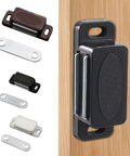 Cabinet Catch for Kitchen Cupboard and Closet Doors, Strong Magnetic Hold, ABS Plastic Latch in white, black, and brown finish.