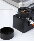 Geared Espresso Leveler And Magnetic Coffee Needle Distributor For 51 54 58 Millimeter Portafilters with 58mm coffee handle positioned.