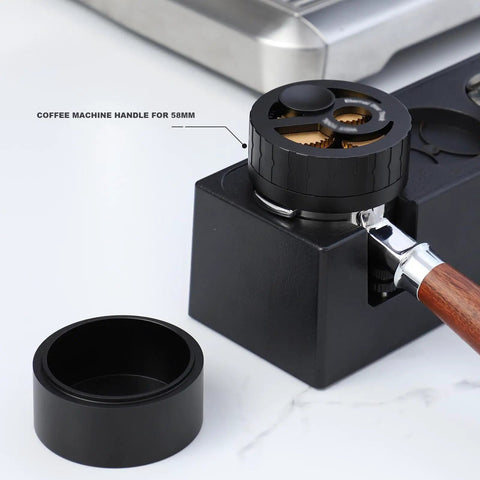 Geared Espresso Leveler And Magnetic Coffee Needle Distributor For 51 54 58 Millimeter Portafilters with 58mm coffee handle positioned.