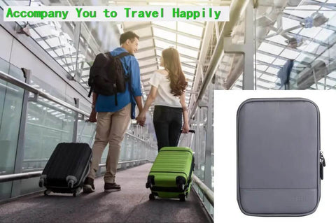 Couple holding hands at airport, featuring Grab And Go Double Layer Cable Organizer Pouch for travel use.