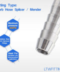 Tough-As-Nails Stainless Steel 316 Barb Hose Splicer Mender Connector Fits 1/4 Inch Hoses Perfectly with a close-up on stainless steel fitting.