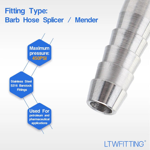 Tough-As-Nails Stainless Steel 316 Barb Hose Splicer Mender Connector Fits 1/4 Inch Hoses Perfectly with a close-up on stainless steel fitting.
