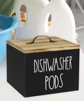 Wooden Dishwasher Pod Caddy With Secure Dustproof Lid, Rustic Farmhouse Countertop Storage Bin For Laundry Room Cleanup, Black Finish.