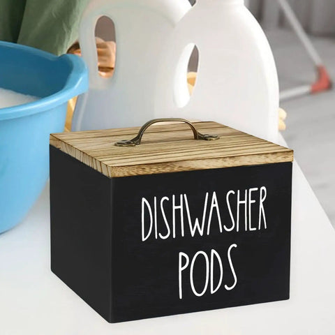 Wooden Dishwasher Pod Caddy With Secure Dustproof Lid, Rustic Farmhouse Countertop Storage Bin For Laundry Room Cleanup, Black Finish.