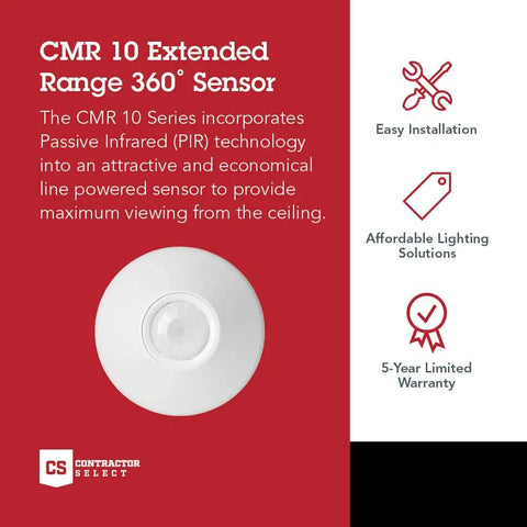 CMR 10 Contractor Select Extended Range Passive Infrared Ceiling Mount Occupancy Sensor for Commercial Spaces With 360 Degree Smart PIR Coverage White Finish product features