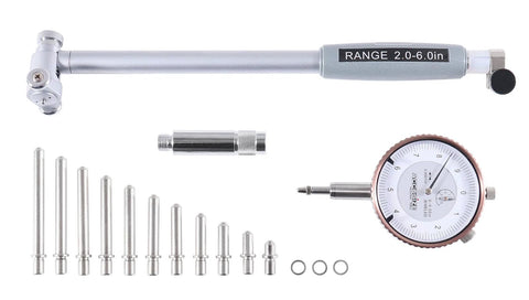 Accusize dial bore gauge set with 2-6 in range and 6 in stem, includes assorted steel rods and adapters