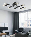 8 Light Sputnik Ceiling Light In Black Flush Mount With E26 Base, Industrial Vintage Chandelier in modern living room setting