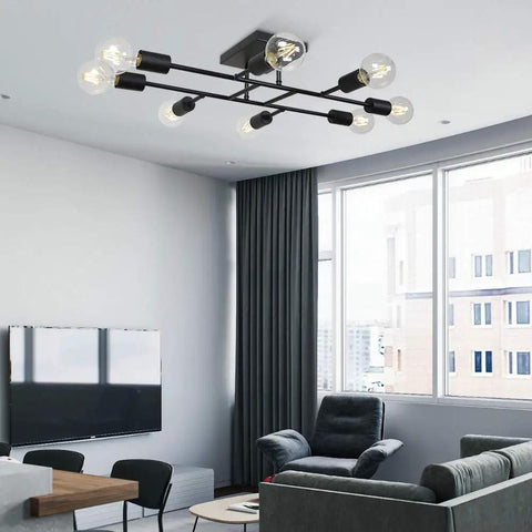 8 Light Sputnik Ceiling Light In Black Flush Mount With E26 Base, Industrial Vintage Chandelier in modern living room setting