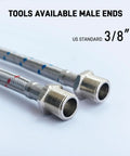 Heavy Duty Faucet Water Supply Line Extension With Three Eighths Male To Female Connectors, showing stainless steel male ends.