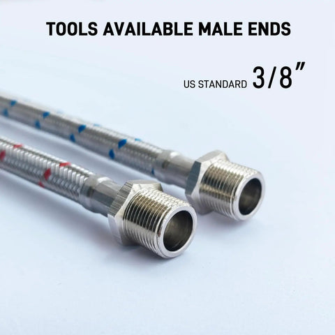 Heavy Duty Faucet Water Supply Line Extension With Three Eighths Male To Female Connectors, showing stainless steel male ends.