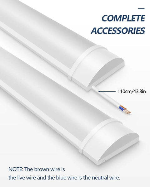 3ft LED Shop Light Fixture 30W Tube 3600 Lumens 4000K Neutral White details with wiring and connectors shown
