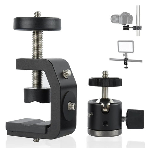 Heavy Duty Super Clamp Mount Workhorse With Mini Ball Head And 1/4 Inch Screw Hot Shoe Adapter For Desk Or Bike Setup
