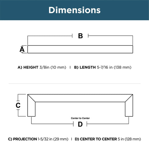 Diagram of Stainless Steel Modern Square Cabinet Pulls With Five And One Sixteenth Inch Hole Center dimensions, labeled A-D.