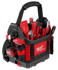 Packout 10 Inch Structured Tote For Tools And Gear with red pouch holding various tools, durable black organizer with easy transport handle