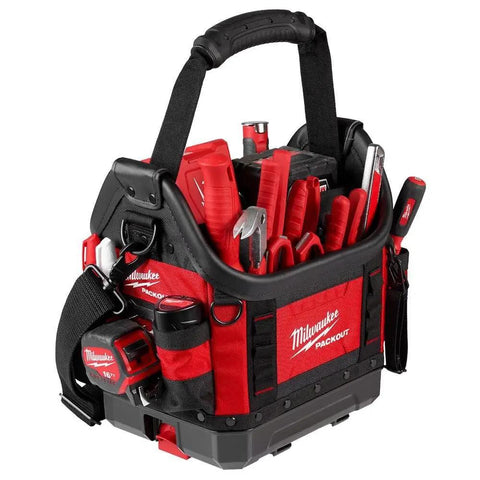 Packout 10 Inch Structured Tote For Tools And Gear with red pouch holding various tools, durable black organizer with easy transport handle