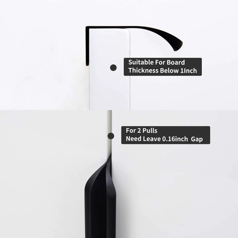 Edge Black Concealed Finger Pulls showing board fit and spacing, aluminum matte black finish, suitable for boards under 1 inch thick.
