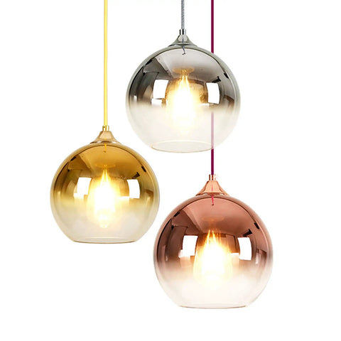 Gradient Gold Glass Globe Pendant Light For Kitchen Island Dope Glow Sphere Fixture in three colors, hanging presentation