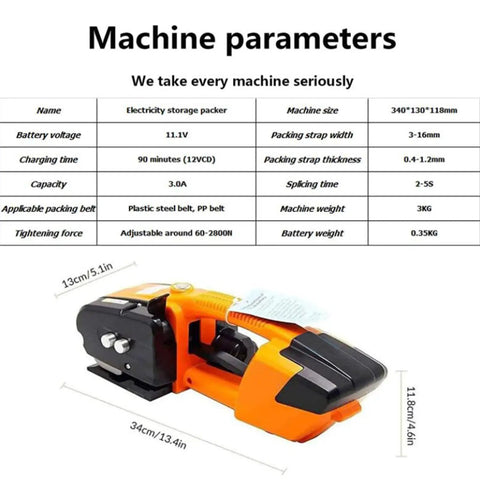 Real Deal Portable Electric Strapping Machine Automatic Hot Melt Welding Tool Battery Powered Handheld Banding Kit with specs table