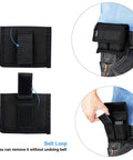DSLR Battery And Memory Card Holder Pouch With 3 Pockets, shown attached to a belt, highlighting its belt loop feature.