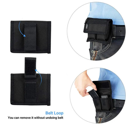 DSLR Battery And Memory Card Holder Pouch With 3 Pockets, shown attached to a belt, highlighting its belt loop feature.