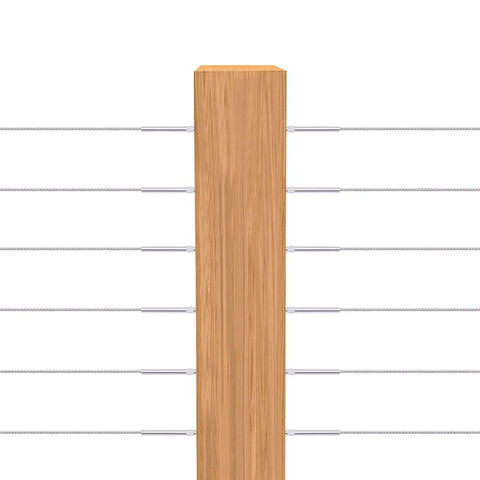 Wood post with cable railing using No Fuss All In One 100 Pack Swage Lag Screws Stainless Steel T316 Left And Right Handed.