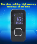 Handheld Laser Distance Meter With Aluminum Alloy Build, Dual Light Sensing Apertures, And Aspheric Focusing Mirror showing measurement display.
