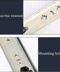 Close-up of Top Shelf Heavy Duty Drawer Slides Silent Self Closing Cabinet Tracks showing seal blue treatment and mounting holes.