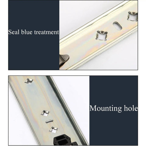 Close-up of Top Shelf Heavy Duty Drawer Slides Silent Self Closing Cabinet Tracks showing seal blue treatment and mounting holes.
