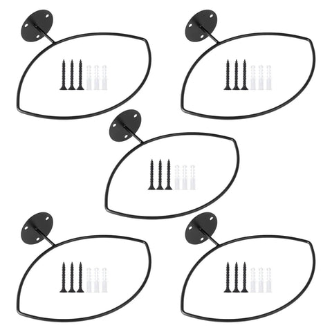 Five Pack Wall Mount Ball Holders Rugby Style Rack For Football Soccer Basketball Keeps Your Garage Neat And Gym Ready Includes 26 Screws And Expansion Anchors For Quick Secure Mounting. five black steel wall mounts with screws and anchors