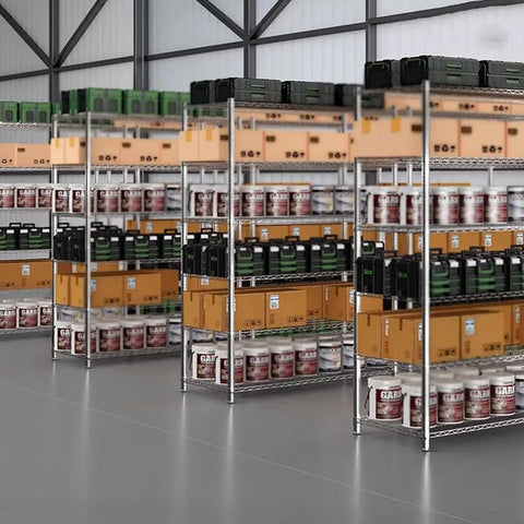 4 Tier Stainless Steel Storage Rack Heavy Duty Utility Shelf With Sweet Rolling Casters And No Hassle Adjustable Height For Kitchen Garage Office Space Saving Wire Shelving Rack filled with boxes and containers in a warehouse.
