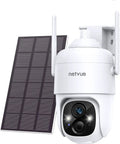 Solar Wireless Outdoor Security Camera 3MP With 2.4G WiFi, 360 Degree PTZ next to solar panel, on white background.